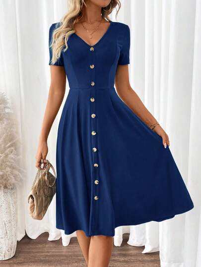 SHEIN Clasi Vestido femenino elegante verde de manga corta con cuello en V y corte evasé