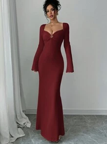 Firerie Women's Elegant Solid Color Decorative Button Long Dress