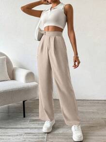 Flirla Casual Solid Color Pleated Straight Leg Dress Pants - Apricot - View 3