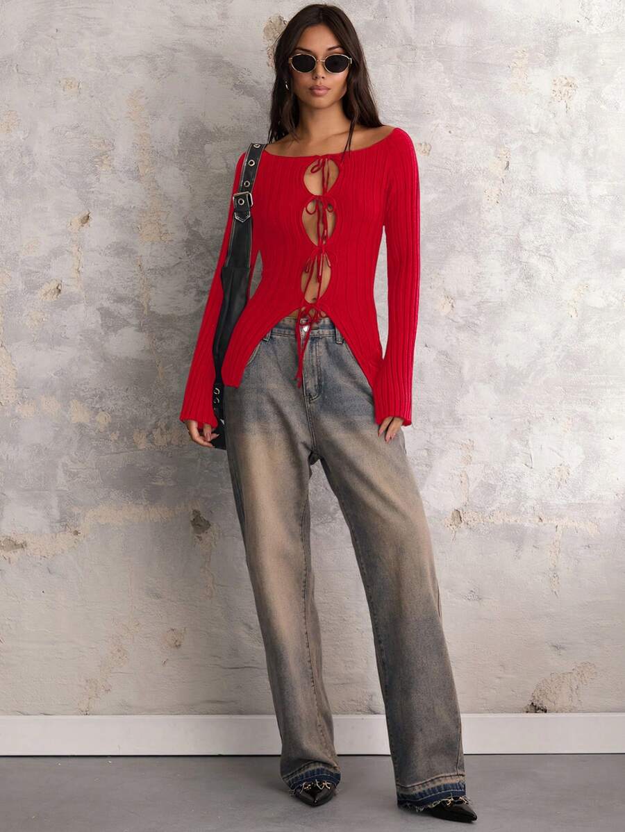 COSMINA Women's Fashionable Solid Color Hollow Out Lace-Up Sweater, Autumn - Red - View 1