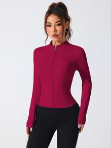 Women High Neck Tight Fit Sexy Jacket, Workout Yoga Fitness Outdoor Casual Long Sleeve Turtleneck Tight Top - Burgundy - View 6