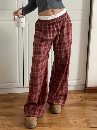 SHEIN EZwear 酒红色织布拼布阔腿宽松字母印花女裤