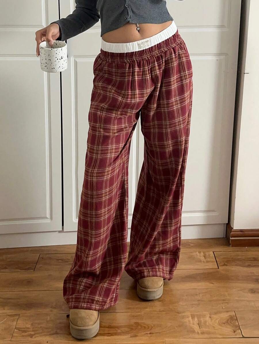 SHEIN EZwear 酒红色织布拼布阔腿宽松字母印花女裤 - 紅色 - 查看 1