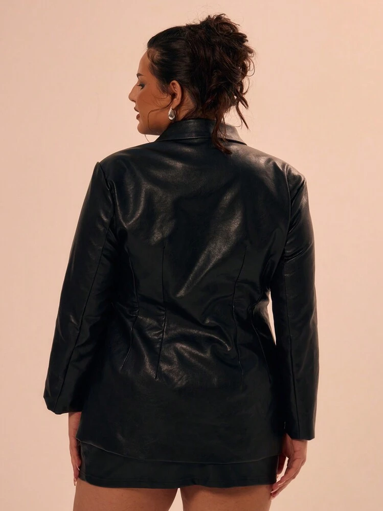MUSERA Plus Size Faux Leather Long Sleeve Fitted Waist Blazer For Date Night, Going Out, Club, Sexy, Holiday, Break, - Black - View 3