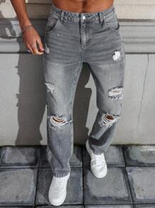 Manfinity LEGND Men's Front Button Pocket Ripped Casual Jeans, Everyday Wear - Dark Grey - View 4