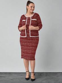 SHEIN Clasi Plus Size Elegant Black Faux Tweed Colorblock 2pcs Set, Autumn/Winter - Burgundy - View 5