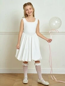 SHEIN Tween Girls Elegant Minimalist Knitted Ruffle White Dress, Suitable For Summer And Spring Wear, Great For Dates, And Vacations - White - View 2