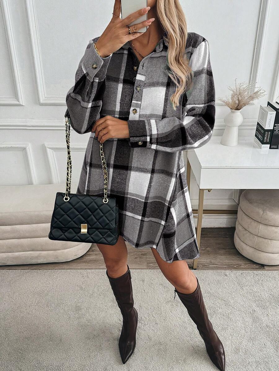 SHEIN Clasi 女式有领半襟格子图案卡其色法兰绒中长连衣裙，秋冬款 - 黑與白 - 查看 1