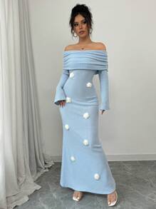 Calvaya Elegante Franse stijl Sexy Dagelijks/Feest Figuur-Flatterende V-hals Lange Mouw Bloemen Gebreide Stretch Zeemeermin Jurk, Blauwe Kleur, Herfst/Winter