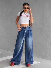 SHEIN EZwear Women's Simple Front Buttoned Jeans, Casual Daily Wear - Light Wash - View 4