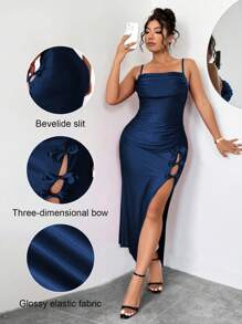 Elenzga Đầm dự tiệc có dây đeo cỡ lớn cho nữ, cổ khoét sâu, thắt nơ thanh lịch - Màu xanh hải quân - Xem 7