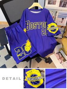 SHEIN Leap Crew 2pcs/Set Teen Boys Casual Short Sleeve T-Shirt & Shorts Set, Punk Rock Street Fashion Daily Outfits Suitable For Spring & Summer, Parties, Music Festivals - Purple - View 8