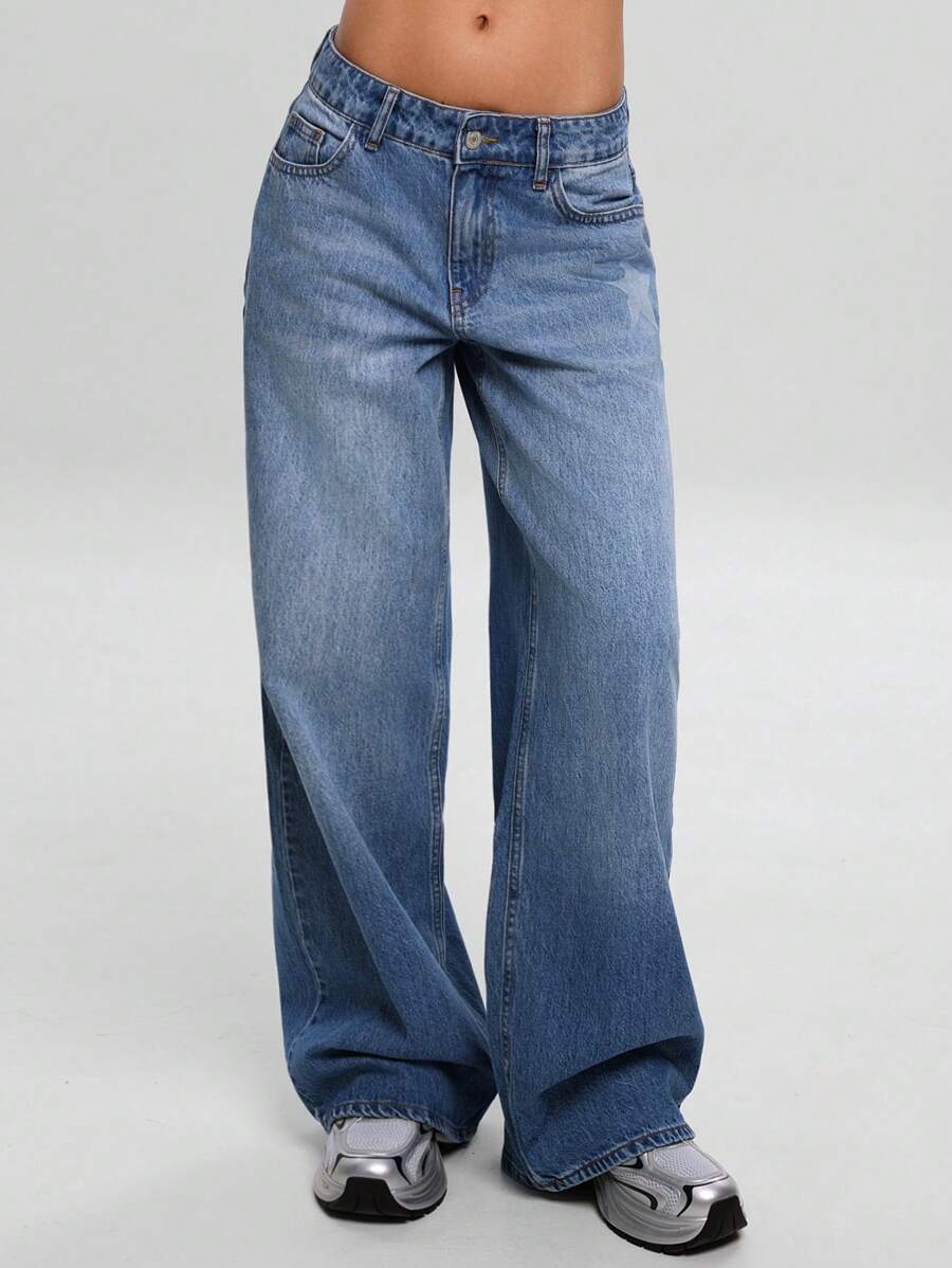 EURMUSE WOMEN WIDE LEG LOW WAIST JEANS STARS AND BELT DETAIL - Light Wash - View 1