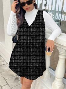 SHEIN Frenchy Plus Size Casual Minimalist Textured Print V-Neck Jumpsuit Dress - Multicolor - View 4