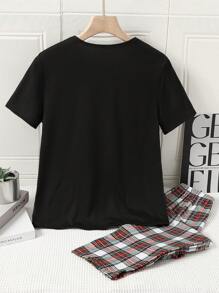 SHEIN 2 Pieces Set: Casual Comfortable Black Pocket Tee & Red Plaid Long Pants, Loungewear For Teen Boys - Multicolor - View 2