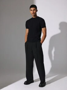 SUMWON Ribbed Knit Short Sleeve Muscle Fit Sweater Top Retro Classic Summer Lightweight Pullover Modern Business Casual Fashion