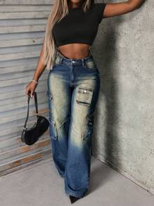 SHEIN Slayr Pantalones rectos de mezclilla con bolsillos cargo, estilo urbano para mujer - Azul - Ver 6