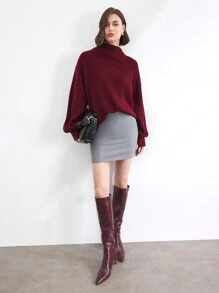 BizChic 安哥拉红套头毛衣长袖女式办公室通勤，优雅适合新年、约会、春夏季 - 酒紅色 - 查看 1