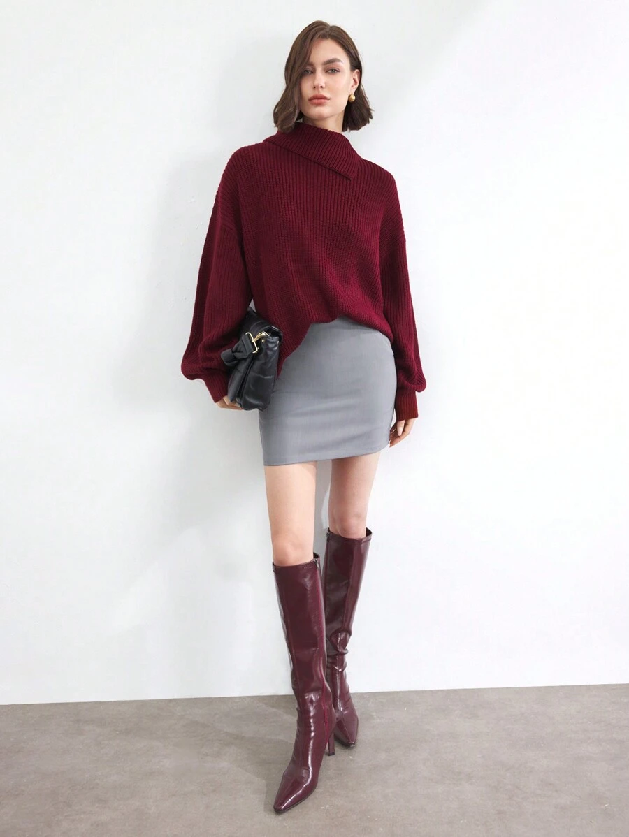 BizChic 安哥拉红套头毛衣长袖女式办公室通勤，优雅适合新年、约会、春夏季 - 酒紅色 - 查看 1