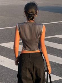 SHEIN Essnce Women Striped Vest, Contrast Trim Blazer, Business Casual - Dark Grey - View 4