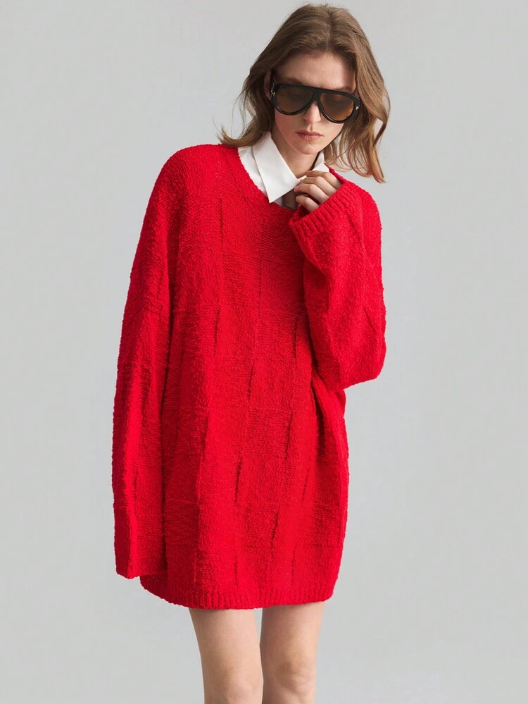 Spring Clothing, Valentine's Day Round Neck Long Sleeve, Large Red Round Neck Long Loose Chiffon Fabric Plaid Sweater, Round Neck Long Sleeve Plaid Red Sweater, Pullover Sweater For Going Out