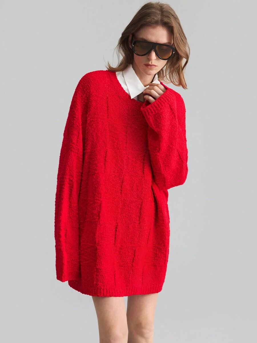 Ontre 春季服饰 情人节圆领长袖 大红色圆领长款宽松雪纺面料格子毛衣 圆领长袖格子红色毛衣 出门套头毛衣 - 紅色 - 查看 1