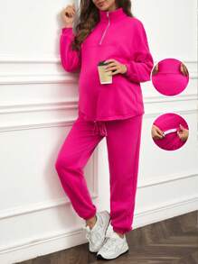 SHEIN 2 pièces/set Top minimaliste à manches longues avec zip avant et pantalon, pour femmes enceintes, de couleur unie