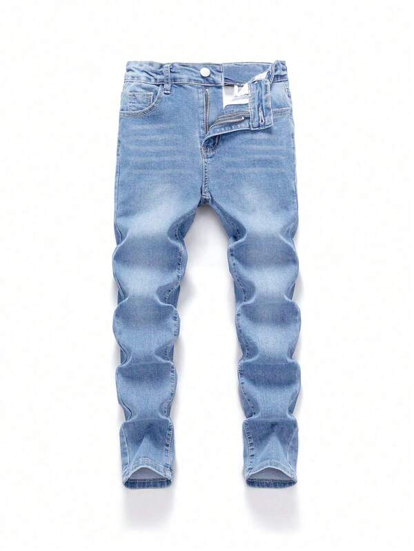 Tween Boy Medium Wash Blue Casual Elastic Waist Jeans, Versatile, School, Campus, College Summer Holiday