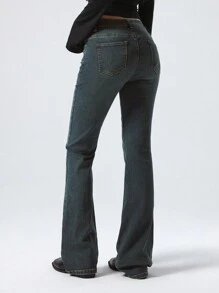 LYSMO 女式口袋喇叭休闲百搭牛仔裤 - 橄欖綠 - 查看 3