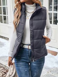 SHEIN LUNE Veste doudoune pour femmes avec fermeture éclair, col, poches, couleur unie, pour vêtements d'hiver
