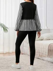 SHEIN Maternity Front Split 2 In 1 Top And Pants Set - Black and White - View 2