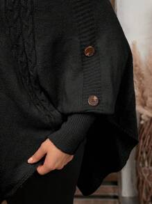 SHEIN LUNE 大码女式纯色针织高领纽扣蝙蝠袖斗篷开衫，修身优雅，秋冬季 - 黑色 - 查看 7