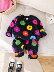 SHEIN Leap Crew Bộ đồ dài tay in hoa dễ thương cho bé gái, ấm áp cho mùa thu/đông - Xám - Xem 1