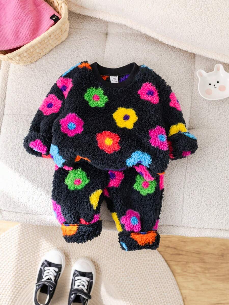 SHEIN Leap Crew Bộ đồ dài tay in hoa dễ thương cho bé gái, ấm áp cho mùa thu/đông - Xám - Xem 1