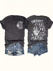 Flirla Halloween Plus Size Cool Skull Hand And Face Print And English Letter Print Summer Crew-Neck T-Shirt, SOMEBODY'S FERAL MAMA Graphic Tees Women Tops - Grey - View 1