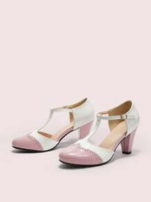 CUCCOO DOLLMOD 经典复古风格白色和粉色撞色女士高跟一脚蹬玛丽珍鞋 - 粉色 - 查看 6