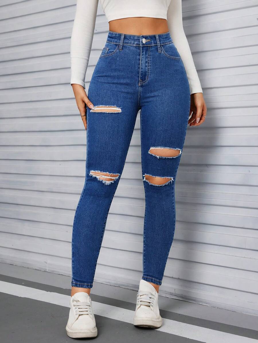 SHEIN Tall Women's Front Button Pocket Distressed Minimalist Slim Fit Casual Jeans - Medium Wash - View 1