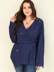 SHEIN Clasi Plus Size Pleated Glossy Fabric Layered Tie Cuff Shirt, New Year Fall Cloth For Women