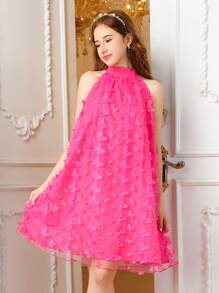 Teenagers' Halterneck Loose Butterfly Mesh Halter Neck Sleeveless Dress - Rose Red - View 1