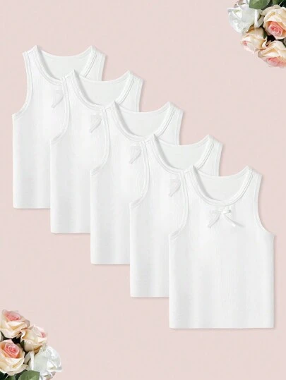 SHEIN Playful Pals Set de 5 camisetas de tirantes informales de unicolor con encaje para niñas, versátiles camisetas sin mangas para primavera, verano y otoño