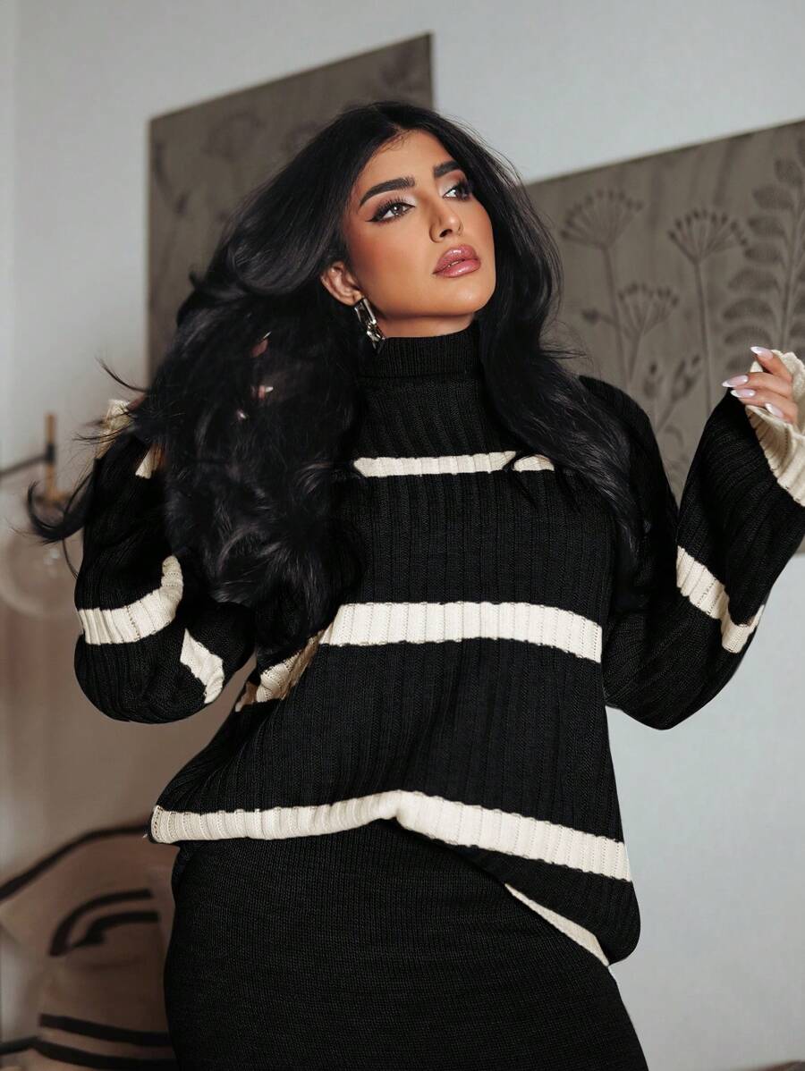 Mulvari 2pcs Women Stripe Pattern Long Sleeve Sweater And Flared Pants Set, Casual Outfit For Autumn/Winter 2 Pieces Set - Black and White - View 1
