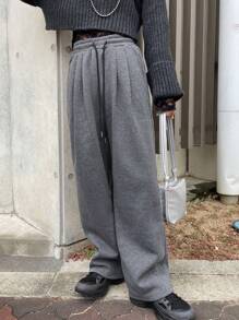 FRIFUL 女式亮面抽绳腰宽松直筒休闲裤 - 灰色 - 查看 4