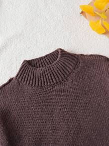 INAWLY 立领落肩纯色休闲毛衣，适合秋冬季针织套头衫 - 棕色 - 查看 3
