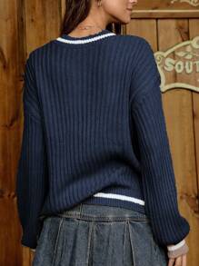 LanaWest 女士休闲 V 领长袖条纹毛衣，秋冬 - 藏蓝色 - 查看 2