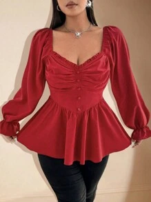 Flirla 大码女式红色长袖优雅纽扣衬衫，适合约会和派对新年服装荷叶边上衣