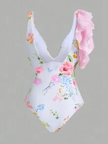 Swim Oasis Summer Vacation Deep V Neck Tummy Control Ruffle Hem One-Piece Swimsuit - Multicolor - View 7