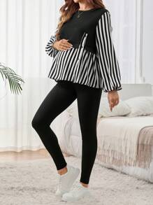 SHEIN Maternity Front Split 2 In 1 Top And Pants Set - Black and White - View 3