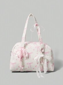 ROMWE Kawaii 灯芯绒蝴蝶结时尚便携式蝴蝶和心形印花女士手提包，粉色 - 米色 - 查看 1