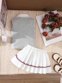SHEIN Infant Girls 2pcs Outfits, Fashion Casual Sports Style Grey Top And Pleated Skirt Set, Versatile - Grey - View 2