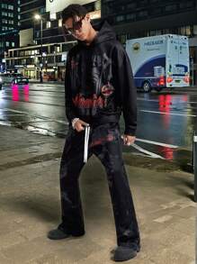 Manfinity VCAY Men's Loose Digital Print Long Sleeve Knit Sweatshirt Set, For Fall Winter - Black - View 6